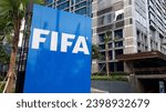 Small photo of Jakarta - December 10,2023: Federation internationale de football association (FIFA) logo seen on billboard. is the international governing body of association football, beach soccer, and futsal.