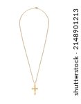 Small photo of Close-up shot of a gold necklace featuring a cross pendant. The cross is with detailed edge. The fashion necklace features a lobster clasp. The necklace is isolated on a white background. Front view.