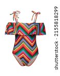 Small photo of Close-up shot of an off shoulder flounce one piece swimsuit with a colorful geometric pattern. The bathing suit is isolated on a white background. Front view.