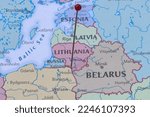 Small photo of Map of Suwalki Gap pinned - the territory of Poland which at the same time connects the territory of the Baltic state with Poland and separates Russia's Kaliningrad Oblast- Warsaw, 23June2022