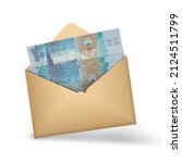 Kuwaiti dinar notes inside an open brown envelope. 3D illustration of money in an open envelope