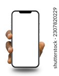 Small photo of Black hand holding phone facing camera isolated on white background. blank screen, phone screen mockup, front view, clipping path, mask, set