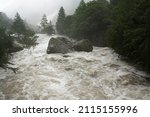 A mountain river or stream raging in a flash flood. Upstream view over the turbulent waters of the upper Gesso river high in the Maritime Alps, Piedmont, Italy, during heavy early summer rains.