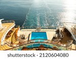 Small photo of ENGLISH CHANNEL, UK WATERS - May 2017: Swimming pool on the rear deck of a 'P and O' cruise ship en route to Bruges, Belgium.