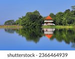 Small photo of Mirror of clear sky over the lake.Chinese palace architecture,scenic landscape view.and beautiful forest.form a scenic scene .Lantan Reservoir,Chiayi City,Taiwan..For branding,screensavers, websites