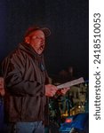 Small photo of Turnhout, Antwerp, Belgium, 28th of January, 2024, In the throes of the farmers' protest in Turnhout, Belgium, this image captures a poignant moment of a farmer passionately delivering a speech