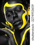 Small photo of The Art Face. How to make a mixtape cover design - download high resolution picture with black and yellow body paint on african woman for your Music Song. Create album template with creative image.