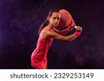 Small photo of Junior padel tennis player with racket. Open day. Girl athlete with paddle racket on court. Sport concept. Download a high quality photo for the design of a sports app or social media publication.