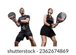 Small photo of Family team. Group of two padel tennis players with racket. Woman and man athletes with paddle racket isolated on white background. Sport concept. Download a high quality photo for a sports app.