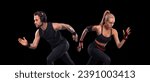 Small photo of Sprinter run. Strong athletic woman and man running on black background wearing in the sportswear. Fitness and sport motivation. Runner concept.
