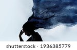 Small photo of Mental Health Disorder Concept. Exhausted Depressed Female touching Forehead. Stressed Woman Silhouette photo combined with Watercolor. Depression Psychology inside her Head