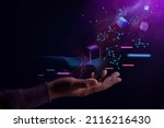 Small photo of Metaverse, Web3 and Blockchain Technology Concepts. Opened Hand Levitating Virtual Objects. Futuristic Tone