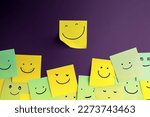 Small photo of Happiness Day Concept. Happy and Positive Mind, Well Mental Health. Enjoying Life Everyday. Smiling Face Sticky Note on Board