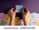 Mind, Mental Health Concept. Varieties of Mood and Emotion Inside Out. many Sticky Notes on Board with Handwriting Cartoon Emoticon Face