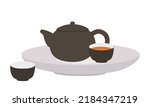 Black tea set clipart. Chinese brown teapot and teacups set on a plate vector design illustration. Asian Mid-Autumn Festival, Moon Festival or Mooncake Festival concept cartoon flat style