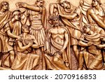 Small photo of Golden bas-relief of the old Basilica of Fatima representing one of the fourteen mysteries of the rosary. Jesus is scourged and crowned with thorns. Portugal. 06-20-2021