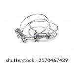 Small photo of Steel clamps isolated on white background. Screw clamp. Hose clamps.