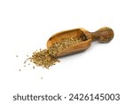 Small photo of Dried anise seed (aniseed) in a wooden scoop isolated on white background.