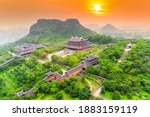 Sunset landscape of temple complex from above is one of the biggiest and largest temple Southeast Asia in Ninh Binh, Vietnam.