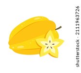 Carambola whole fruit and slice for package design. Yellow ripe starfruit icon isolated on white background. Organic food, healthy nutrition, vegetarian product. Vector illustration.