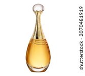 Small photo of Eau De Parfum Spray Bottle Isolated. Yellow Golden Beautiful 30ml Bottle of Perfume. Floral Fruity Fragrance for Women. Women's Toilette Spray. Modern Luxury Lady Parfum De Cologn