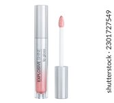 Silver Vial Colored Plumping Glittery Lip Gloss Isolated on White. Pink Liquid Lipstick. Doe Foot Applicator Foundation. Front View Cosmetic Flocked Tip Lips Brush. Makeup Slanted Wand Applicator Cap