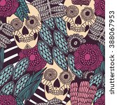 hand drawn tattoo mexican scull ... | Shutterstock .eps vector #388067953