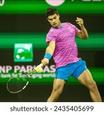 Small photo of Indian Wells, CAUSA March 8 2024 Carlos Alcaraz (ESP) won his second round at the BNP Paribas Open over Matteo Arnaldi (FRA) 6(5)-7, 6-0, 6-1