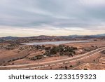 Sweetwater Reservoir and highway 125 in Chula Vista, San Diego County. Aerial panorama. 