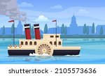 Retro steamboat floating on sea river water at antique city silhouette vector flat illustration. Passenger ferry boat with wheel and pipe smoke navy vessel cruise travel. Maritime cargo transportation