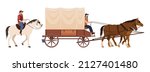 Covered wagon with horses and male riders vector flat illustration. Traditional Wild West passenger and freight transportation isolated. Historical rustic Western vehicle carriage for travel movement