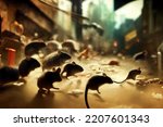 Mice run on the urban roads at night in large numbers, forming groups. The epidemic and the pollution conceptual composition. 3D rendering and terrifying Halloween blurred background.