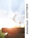 Small photo of The Holy Cross of Jesus Christ, the Bible, the white dove, the bright light, the sunset and the sky