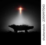 Small photo of A bright and large star shines brightly, blessing baby Jesus in the manger in the stable, a background that celebrates Christmas and the birth of Jesus and his death on the cross.