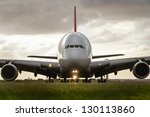 Airbus A380 jet airliner front view close-up