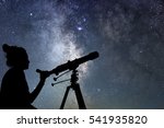 Woman with telescope watching the stars. Stargazing woman and night sky.