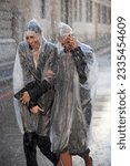 Small photo of Businesswomen in ponchos walking in rainy street