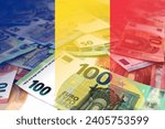 Euro banknotes colored in the colors of the flag of Romania. Gradient overlay of the Romanian flag on the euro notes.
