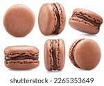 Chocolate french macaroon cookies isolated on white background.