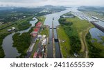 Small photo of Aerial view Panama Canal, third set of locks, water shortages, maritime traffic, water reuse vats, summer drought.