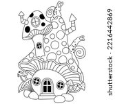 Mushroom house and snells on the top outline artwork coloring pages