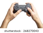 Video game console controller in gamer hands.Game controller in hand isolated on white background. Alpha