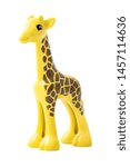 Small photo of Giraffe plastic doll, isolated on white background with clipping path. Giraffe plush pvc puppet on white bg. Colored giraffe toy on white backdrop. Yellow camelopard. Tall beanpole.