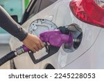 Hand Man Refill and filling Oil Gas Fuel at station.Gun petrol in the tank to fill.Fuel pump at station.Refueling automobile with gasoline or diesel with a fuel dispenser.