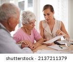 Small photo of Shell make sure they get great coverage. A young businesswoman explains information to an elderly couple.