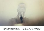 Small photo of The soul seeks its own path. Composite image of a mans silhouette superimposed on a woman alone in the woods.