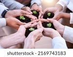 Small photo of When you nurture things, they grow. Shot of a group of unrecognizable businesspeople holding plants in soil at work.