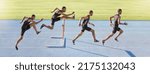 Small photo of A male athlete jumping over a hurdle. Sequence of a fast professional sprinter or active track racer running over an obstacle. Sports man training for a track and field race on a sunny day
