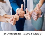 Closeup thumbs up, hand or sign for success, support or trust. Diverse group or team of business men, women or colleagues showing thumb as thank you or approval to idea plan, strategy or good news