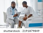 Small photo of Doctor consulting patient with digital tablet, discussing diagnosis and medical checkup in hospital. Healthcare worker and trusted physician in appointment with medicine advice, wellness and